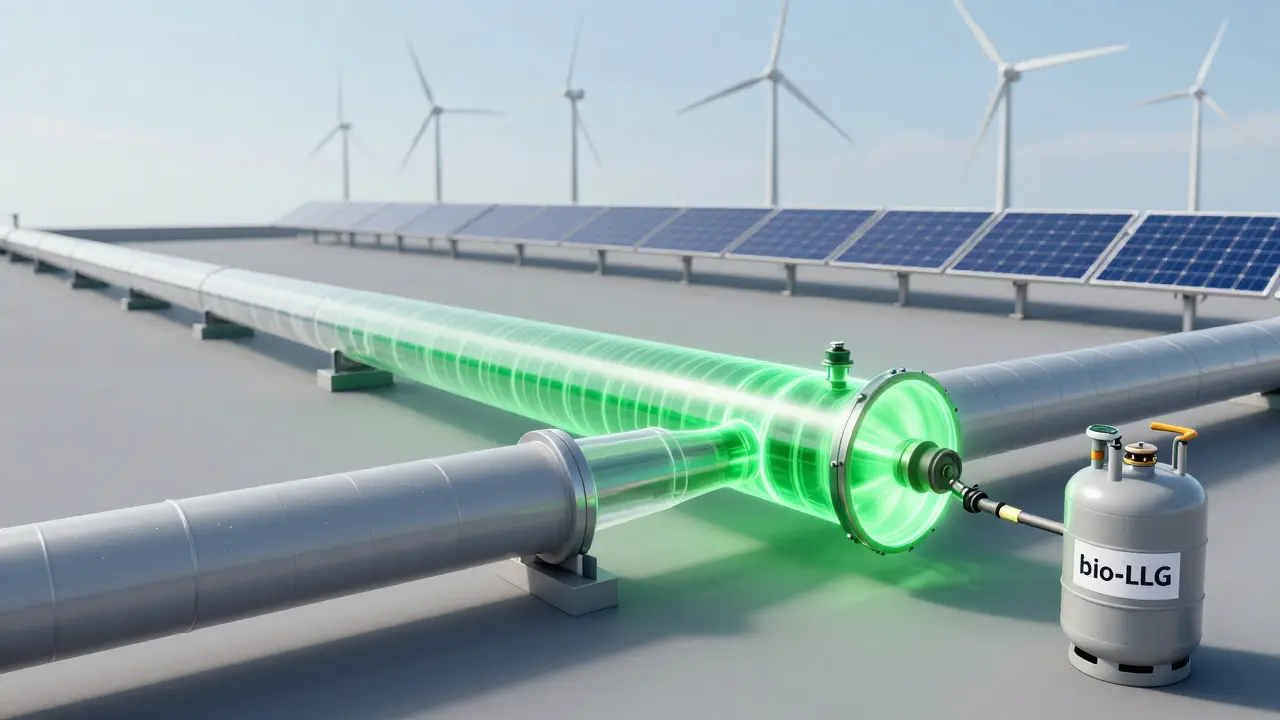 Übergang von fossilem Gas zu grünem Gas mit Wind- und Solarenergie im Hintergrund.