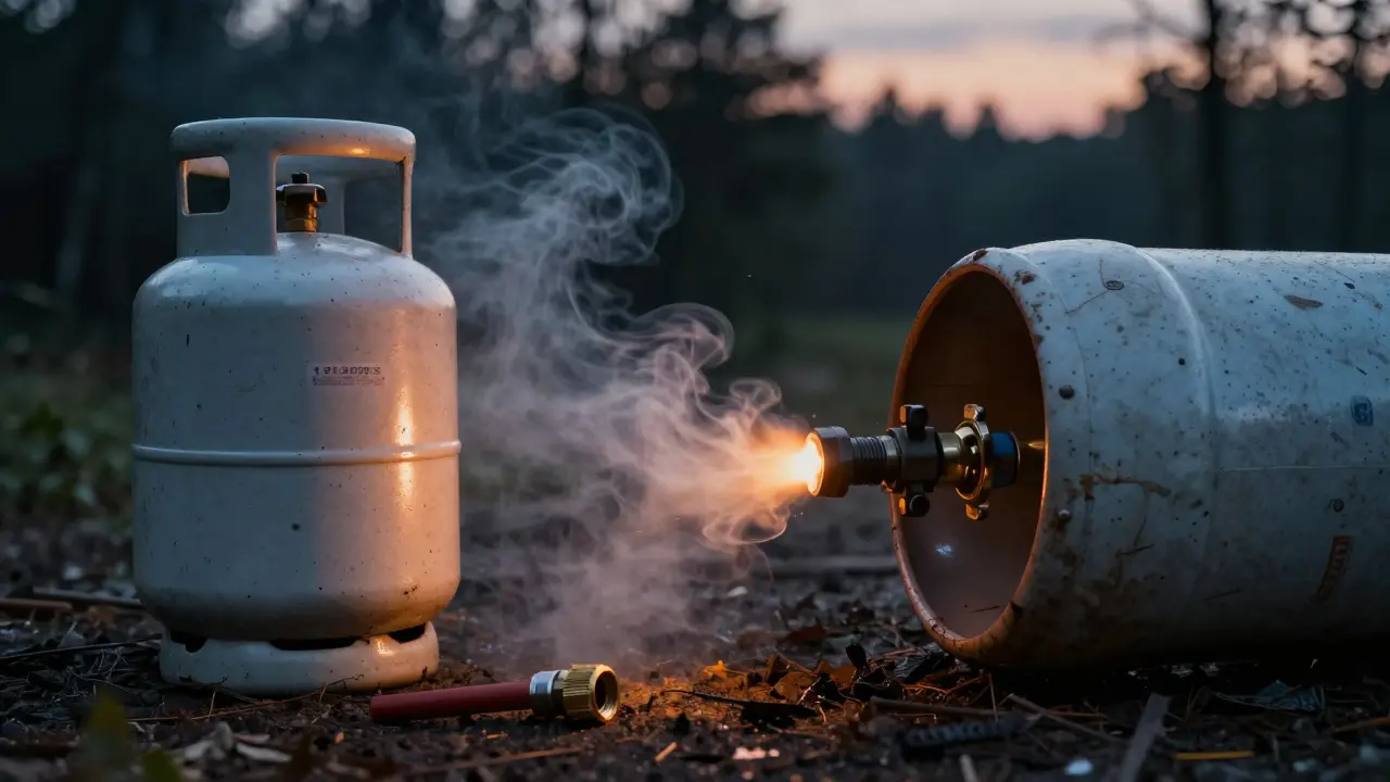 Undichte Gasverbindung am Grill mit sichtbarem Gasaustritt und Prüfdatum auf der Flasche.