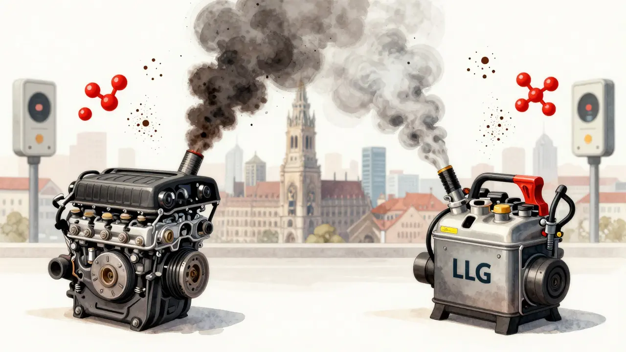 Vergleich zweier Motoren: LPG verbrennt sauber, Benzin stößt Ruß und Schadstoffe aus, Hintergrund städtisches Panorama.