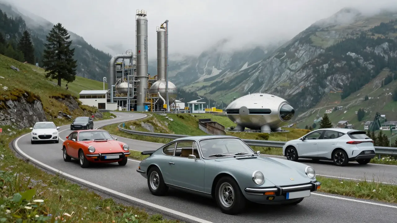 Vintage-Auto neben einer E-Fuel-Anlage in den Alpen, mit Straßen, die beide Fahrzeugtypen zeigen, im Nebel der Berglandschaft.