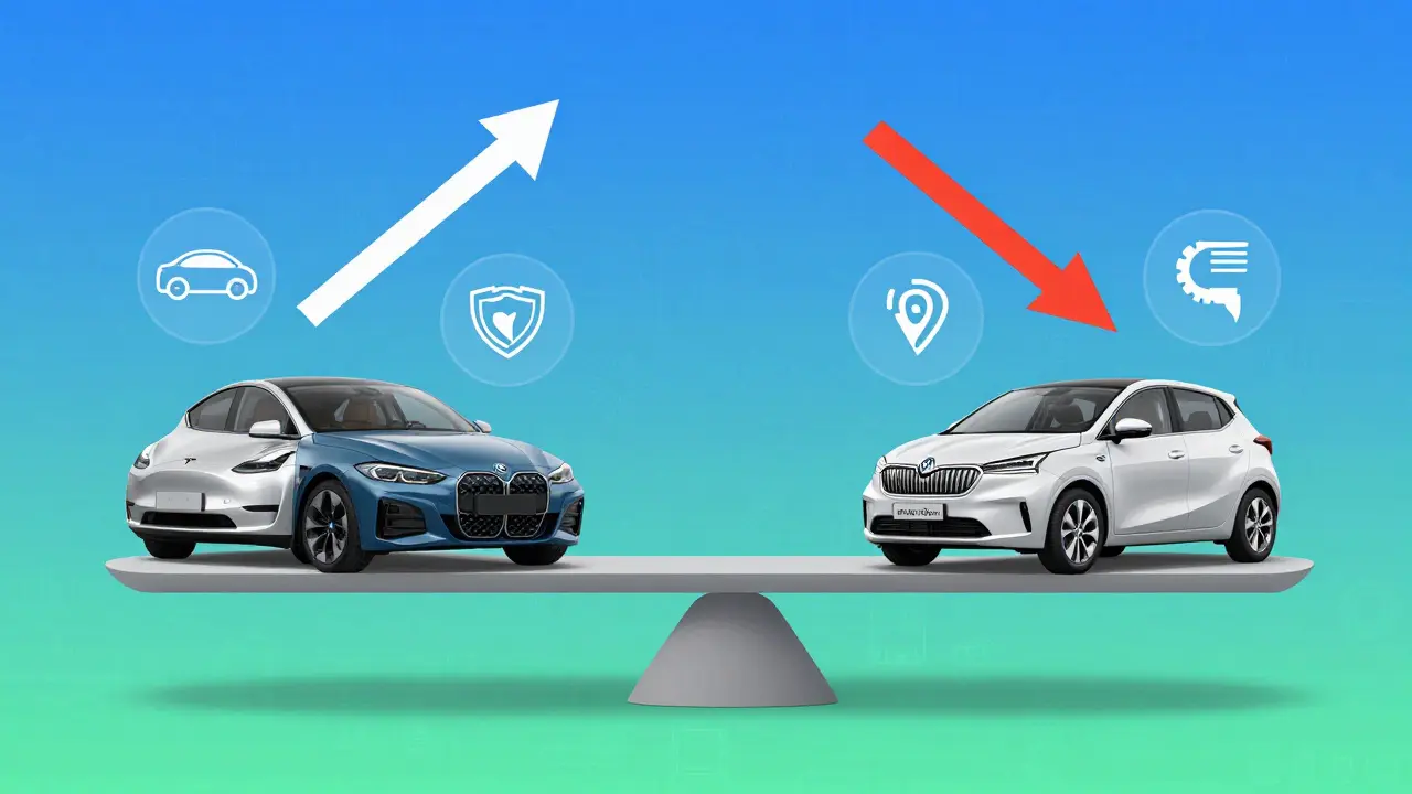 Waage mit teuren und günstigen Elektroautos, umgeben von Symbolen für Sicherheit und geringe Unfallrate