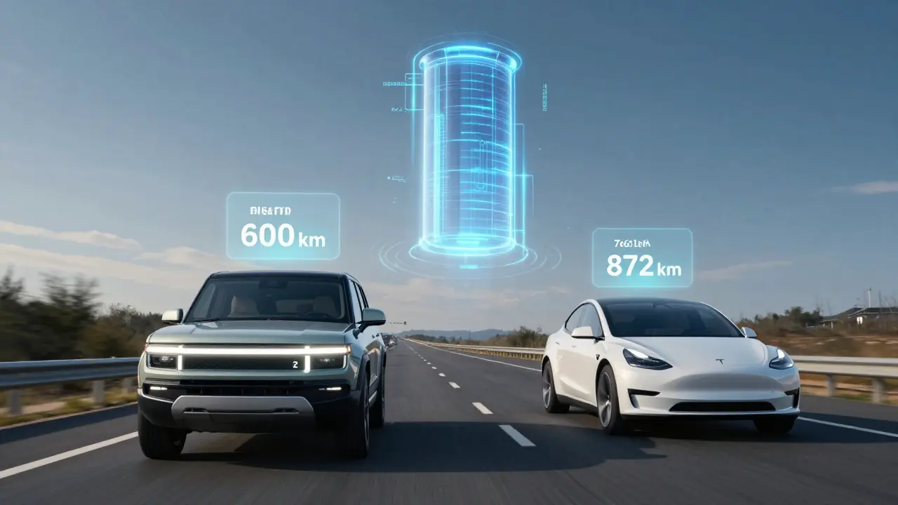 Zukünftige Elektroautos auf einer Autobahn mit digitalen Reichweiten-Icons und Festkörperbatterie-Symbol.