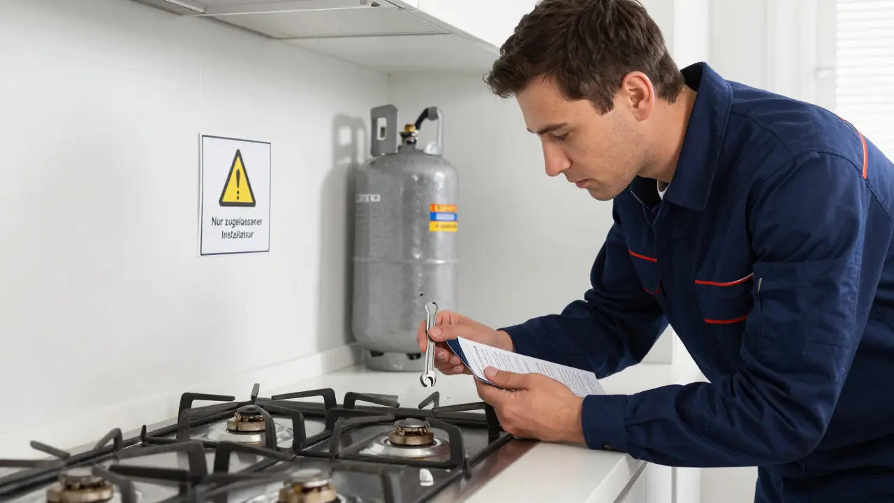 Ein zertifizierter Installateur prüft den Gasanschluss eines Herdes in einer deutschen Küche.