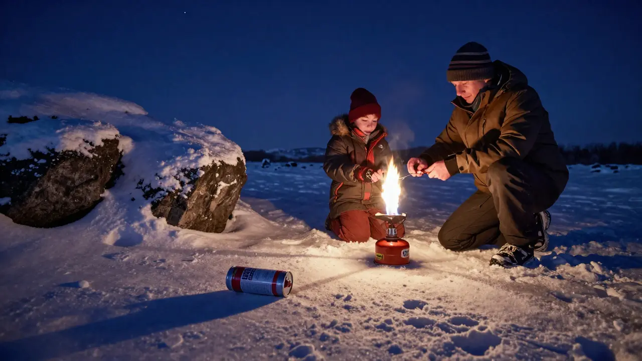 Familie kocht mit LPG-Grill im Winter, während eine Butanflasche im Schnee liegt und nicht funktioniert.