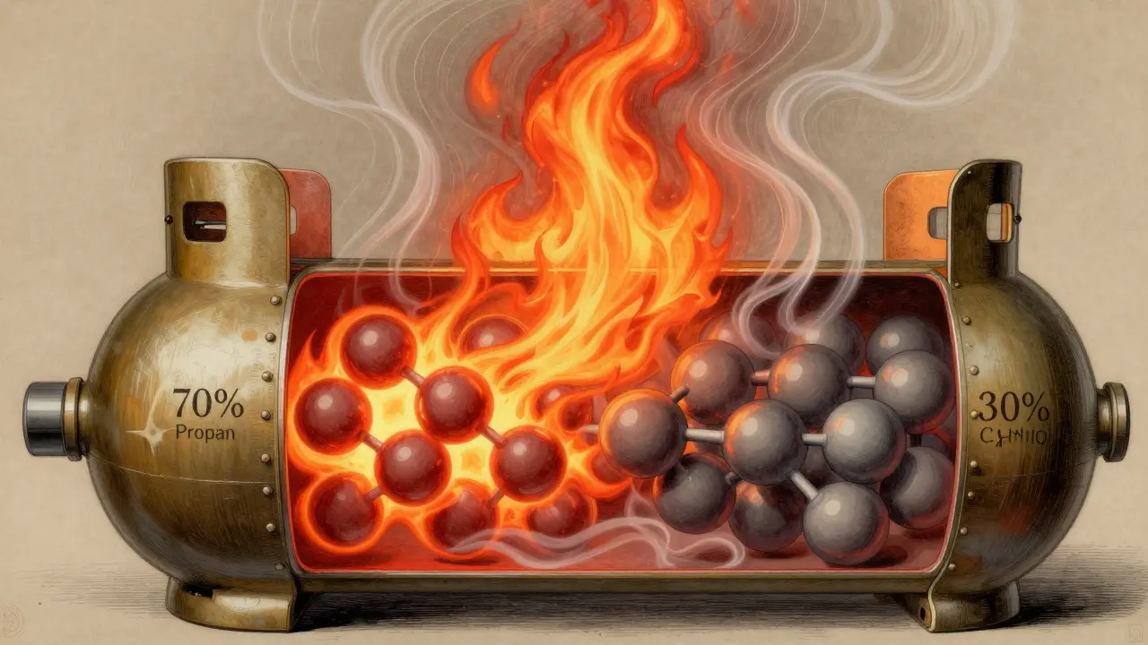 Querschnitt einer Gasflasche mit Propan- und Butanmolekülen, die unterschiedliche Energielevels und Bewegungen zeigen.