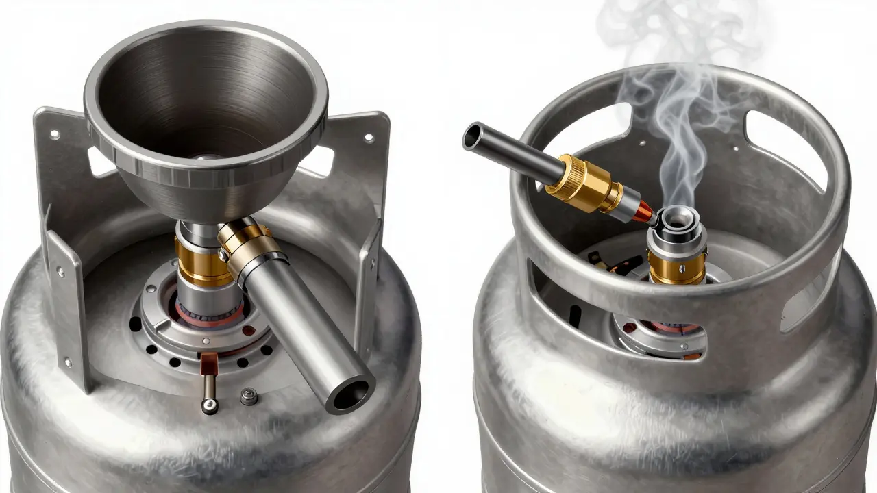 Zwei Gasdüsen nebeneinander: eine dicke für Erdgas, eine dünne für Propan, mit feinen Rauchfaden.